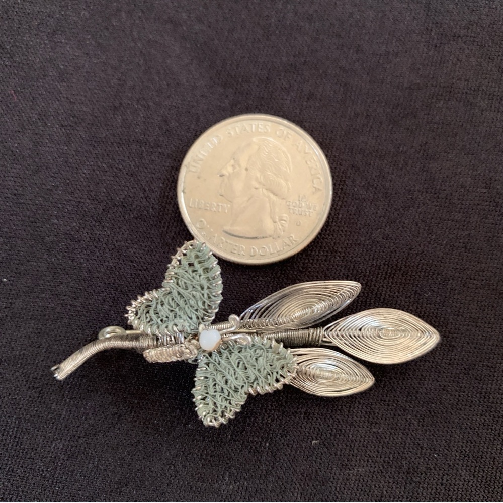 Vintage Silver Wire Wrapped Fine Spun Butterfly Leaf Brooch Pin MCM Handmade - Picture 6 of 9